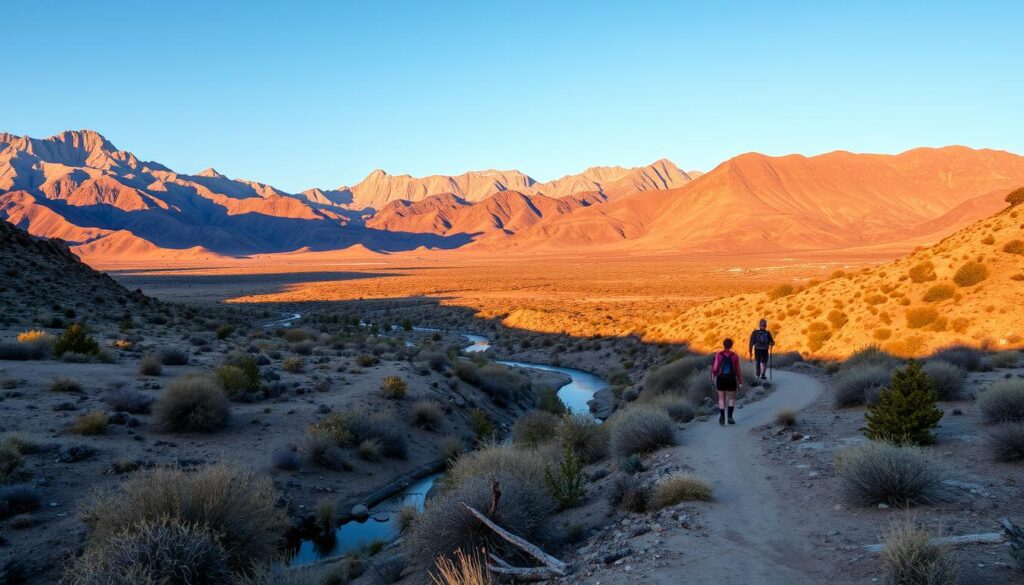 A serene desert landscape unfolds, with rugged Nevada mountains rising in the distance, their peaks bathed in warm, golden light. In the foreground, a well-marked hiking trail winds through the arid terrain, dotted with hardy desert vegetation and meandering streams. Hikers explore the scenic route, their silhouettes casting long shadows as they take in the breathtaking vistas. The atmosphere is one of tranquility and adventure, inviting the viewer to immerse themselves in the natural wonders of Nevada's great outdoors.