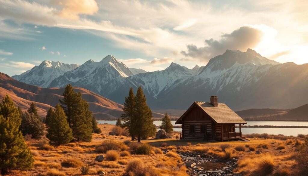 A serene desert landscape with towering, snow-capped mountains in the distance. In the foreground, a rustic log cabin nestled among gently rolling hills, surrounded by lush pine trees and a babbling brook. Warm, golden sunlight filters through wispy clouds, casting a soft, romantic glow over the scene. The cabin's porch overlooks a tranquil lake, reflecting the majestic peaks and creating a sense of peaceful isolation. The overall atmosphere is one of tranquility, natural beauty, and the promise of a rejuvenating retreat from the outside world.