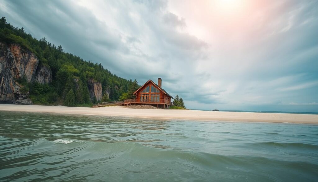 A serene, expansive vista of Lake Michigan's pristine shoreline, framed by towering, verdant bluffs. In the foreground, gently lapping waves caress a pristine sandy beach, inviting barefoot strolls. The middle ground showcases a picturesque, rustic cabin, its weathered wood and large picture windows seamlessly blending with the natural landscape. Overhead, a soft, golden glow filters through wispy clouds, casting a warm, romantic ambiance across the scene. A telephoto lens captures the breathtaking panorama, highlighting the captivating interplay of land, water, and sky that epitomizes the allure of Michigan's lakefront cabins.