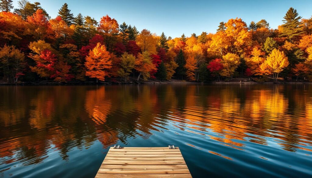 A serene lake nestled amidst vibrant fall foliage, bathed in warm, golden afternoon light. Towering deciduous trees line the shore, their leaves ablaze with shades of crimson, amber, and ochre. Calm, glassy waters reflect the autumnal palette, creating a mirror-like surface that invites contemplation. In the foreground, a wooden dock juts out into the lake, beckoning visitors to pause and take in the tranquil scene. The overall atmosphere exudes a sense of peaceful solitude, perfect for a cozy cabin retreat during the peak of Michigan's color season.