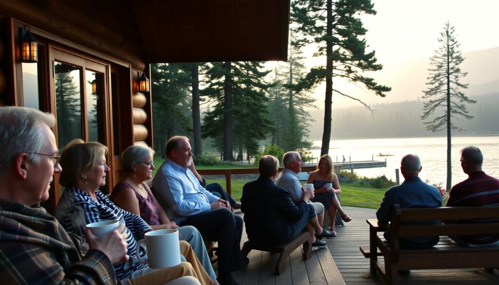 A serene lakefront cabin at dawn, its wooden porch facing a tranquil lake. In the foreground, guests sip steaming mugs of coffee while enjoying the first rays of sunlight. In the middle ground, a group of people engage in thoughtful discussion, their faces reflecting the peace of the moment. The background showcases the lush, verdant landscape, with towering pine trees and a hazy, golden sky. The scene radiates a sense of calm, inviting the viewer to experience the tranquility and solitude that this lakeside retreat offers.