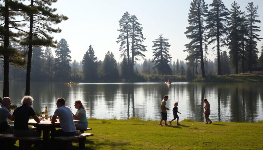 A serene lakefront scene unfolds, bathed in the warm glow of morning light. In the foreground, a group of friends gather around a picnic table, their laughter and conversation filling the air. Nearby, a pair of kayakers glide across the calm, mirror-like surface of the lake, their paddles creating gentle ripples. In the middle ground, a family plays a game of frisbee on the grassy shore, their carefree movements captured in a frozen moment. In the distance, the silhouettes of towering pine trees frame the scene, their reflections dancing in the water below. The overall atmosphere is one of tranquility and leisure, inviting the viewer to imagine themselves immersed in the peaceful lakeside activities.