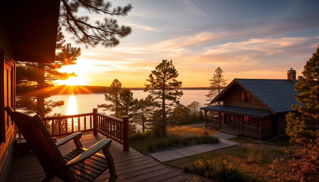 A serene lakeside cabin nestled amidst lush pine forests, basking in the warm glow of a golden sunset. In the foreground, a cozy porch overlooks tranquil waters, inviting you to sink into a weathered rocking chair and lose yourself in the soothing sounds of nature. Midground features a traditional log cabin with rustic charm, its warm lighting beckoning you inside to savor the crackle of a fireplace and the rich aroma of freshly brewed coffee. In the background, a panoramic vista of the pristine East Texas lake, its surface mirroring the vibrant hues of the sky above, creating a sense of timeless peace and solitude.