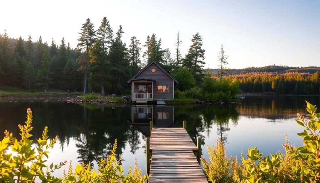 A serene lakeside cabin nestled amidst the towering pines of Northern Michigan, bathed in the soft, golden glow of the early morning sun. The cabin's weathered wooden exterior is reflected in the calm, mirror-like surface of the lake, creating a picturesque scene. In the foreground, a small dock juts out into the water, inviting exploration. The middle ground is filled with lush, verdant foliage, hinting at the abundant natural beauty of the region. In the background, distant hills and forests stretch out, creating a sense of peaceful seclusion. The overall mood is one of tranquility and romance, perfectly capturing the essence of a spring getaway in Northern Michigan.