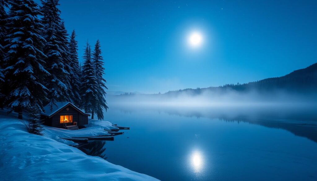 A serene lakeside landscape during a peaceful winter's night. In the foreground, a cozy cabin with a warm, inviting fireplace casts a soft glow across the frozen water. Tall, snow-capped evergreen trees line the shore, their branches dusted with a fresh layer of powdery snow. The still surface of the lake reflects the clear, starry sky above, creating a captivating mirror-like effect. A light mist hangs in the air, adding to the tranquil, atmospheric ambiance. The scene is bathed in a cool, bluish-white moonlight, lending a sense of tranquility and quiet contemplation. The overall mood is one of calm, comforting solitude, perfect for an evening of fireside reflection.