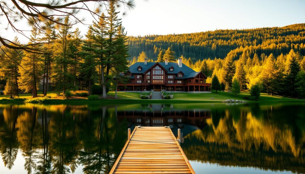 A serene, lakeside lodge nestled amidst lush, verdant acres. The grand, rustic exterior is framed by towering pines and reflected in the still, mirror-like surface of the tranquil waters. Warm, golden sunlight filters through the canopy, casting a cozy glow upon the scene. In the foreground, a wooden dock extends into the lake, inviting guests to relax and soak in the picturesque natural surroundings. The middle ground features a sprawling, multi-story lodge, its large windows and stone chimneys hinting at the luxurious amenities within. The background is filled with rolling hills and dense forest, creating a sense of seclusion and exclusivity. This idyllic landscape evokes a feeling of peace, comfort, and refined rustic elegance.