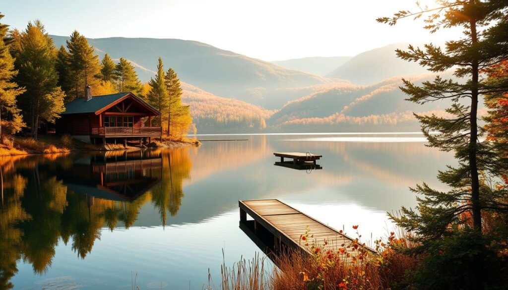 A serene lakeside retreat nestled amidst the majestic White Mountains, surrounded by lush forest foliage. In the foreground, a cozy log cabin with a wraparound porch reflects in the still, glass-like waters of the lake. Warm afternoon sunlight filters through the trees, casting a golden glow over the scene. In the middle ground, a small wooden dock juts out into the lake, inviting visitors to sit and enjoy the tranquil ambiance. The background features rolling hills draped in vibrant autumnal hues, creating a picturesque landscape that exudes a sense of rustic romance and natural beauty.