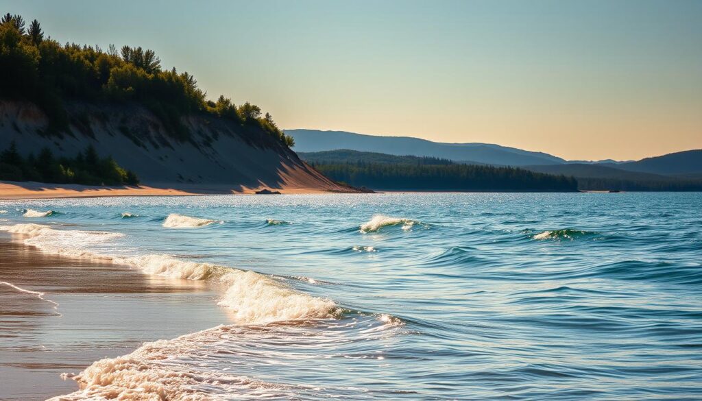 A serene lakeside scene of Lake Michigan, with its shimmering azure waters lapping against a pristine sandy beach. In the foreground, gentle waves caress the shoreline, their rhythmic motion creating a soothing ambiance. Towering dunes, adorned with lush, verdant vegetation, rise up in the middle ground, casting soft shadows across the beach. In the distance, the horizon is dominated by the majestic silhouettes of rolling hills and forests, bathed in the warm, golden glow of the setting sun. The overall atmosphere is one of tranquility and natural beauty, inviting the viewer to imagine a luxurious cabin retreat, where one can truly escape and reconnect with the beauty of Michigan's renowned coastal landscapes.