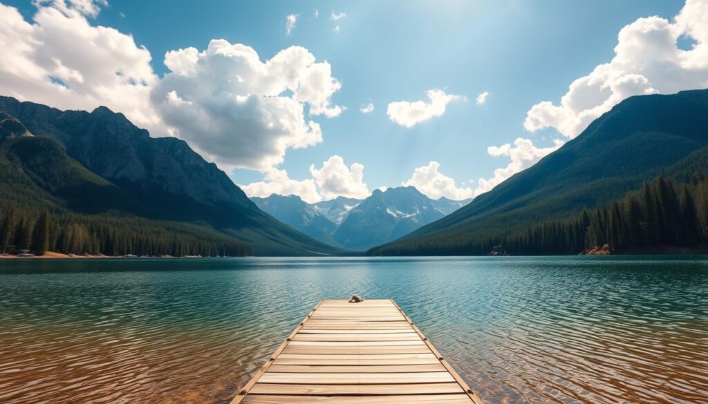 A serene landscape at Bull Lake, surrounded by the majestic peaks of the Rocky Mountains. In the foreground, a glistening lake reflects the azure sky and fluffy white clouds. Along the shoreline, lush evergreen forests create a verdant backdrop. In the middle ground, a wooden dock extends into the calm waters, inviting exploration. The soft, warm lighting of the golden hour casts a dreamlike glow across the scene. Wide-angle lens captures the grandeur of the vista, emphasizing the scale and tranquility of this natural wonderland. An idyllic setting that evokes a sense of peace, solitude, and deep connection to the unspoiled wilderness of Montana.