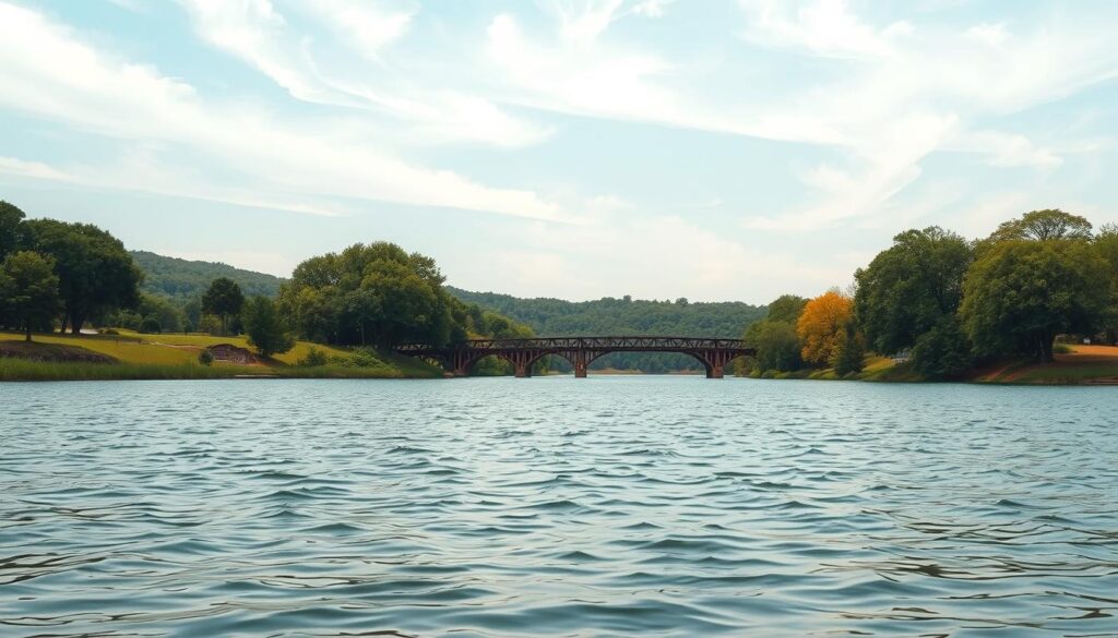 A serene landscape captured in a wide-angle lens, featuring the tranquil waters of Lake Granbury in the foreground. The lake is surrounded by lush, verdant hills and mature trees that cast gentle shadows on the rippling surface. The sky is a soft, hazy blue, with wispy clouds drifting overhead, creating a natural, peaceful ambiance. In the middle ground, a historic wooden bridge spans the lake, a testament to the area's rich heritage. The composition draws the viewer's eye towards the bridge, leading them into the scene and inviting them to explore the natural beauty and historic charm of this picturesque location.