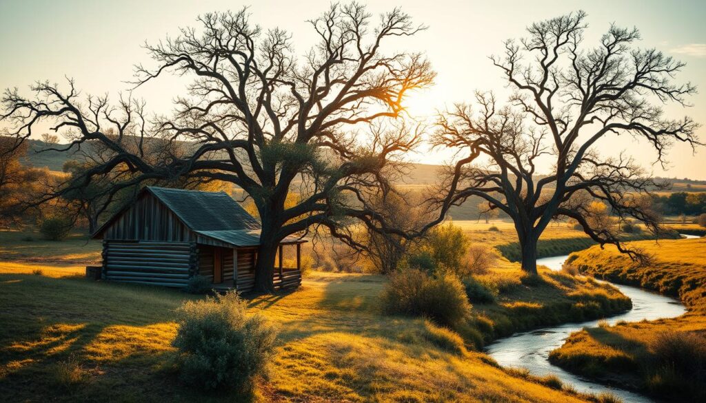 A serene landscape in the Texas Hill Country, with a rustic log cabin nestled among rolling hills and towering oak trees. The cabin's weathered exterior blends seamlessly with the natural surroundings, evoking a sense of timelessness. Soft golden light filters through the branches, casting a warm glow over the scene. In the distance, a meandering creek reflects the azure sky, its gentle flow a soothing soundtrack to the tranquil setting. The overall atmosphere is one of tranquility and a connection to the past, capturing the essence of Glen Rose's charm as a step back in time.