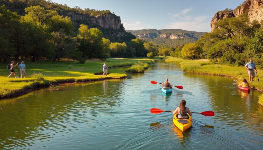 A serene landscape in the heart of Texas Hill Country, where the Frio River winds through lush meadows and towering cypress trees. In the foreground, a group of adventurers navigate the crystal-clear waters on kayaks, their paddles cutting through the still surface. Farther back, hikers explore the verdant trails of a nearby state park, flanked by rugged limestone cliffs and the distant silhouettes of rolling hills. Warm, golden sunlight filters through the canopy, casting a soft, natural glow over the entire scene. The air is crisp and inviting, beckoning visitors to immerse themselves in the great outdoors.