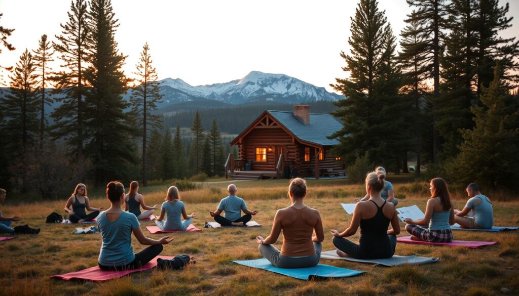 A serene landscape in the heart of the Montana wilderness, bathed in warm golden light. In the foreground, a group of people engaged in various mindful activities - some are practicing yoga on plush mats, others are meditating in a tranquil lotus position, while a few are sketching the breathtaking scenery around them. In the middle ground, a cozy log cabin stands amidst towering pines, its windows glowing softly. In the background, a majestic mountain range rises, its peaks dusted with a light layer of snow. The scene exudes a sense of peace, introspection, and deep connection with the natural world.