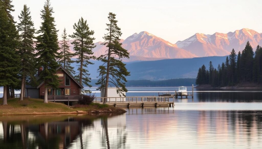 A serene landscape of Lake Pend Oreille in Sandpoint, Idaho. In the foreground, a picturesque A-frame cabin nestled among towering pine trees, its rustic exterior reflecting in the still, tranquil waters. The middle ground features a private dock extending into the lake, with a small boat gently swaying in the gentle breeze. The background showcases the majestic mountains, their peaks bathed in soft, golden light, creating a breathtaking panorama. The scene exudes a sense of peaceful seclusion, inviting visitors to immerse themselves in the natural beauty of this serene lakefront gem.