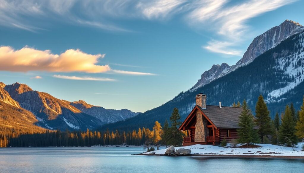 A serene landscape of Lake Tahoe nestled between majestic Sierra Nevada mountains, bathed in warm golden hour light. In the foreground, a tranquil alpine lake reflects the towering peaks and lush forests. The middle ground features a cozy log cabin with a stone chimney, surrounded by a dusting of snow. Wispy clouds drift across a clear azure sky, and the scene evokes a sense of peaceful solitude and rustic charm. Captured with a wide-angle lens to convey the breathtaking scale of the natural beauty.