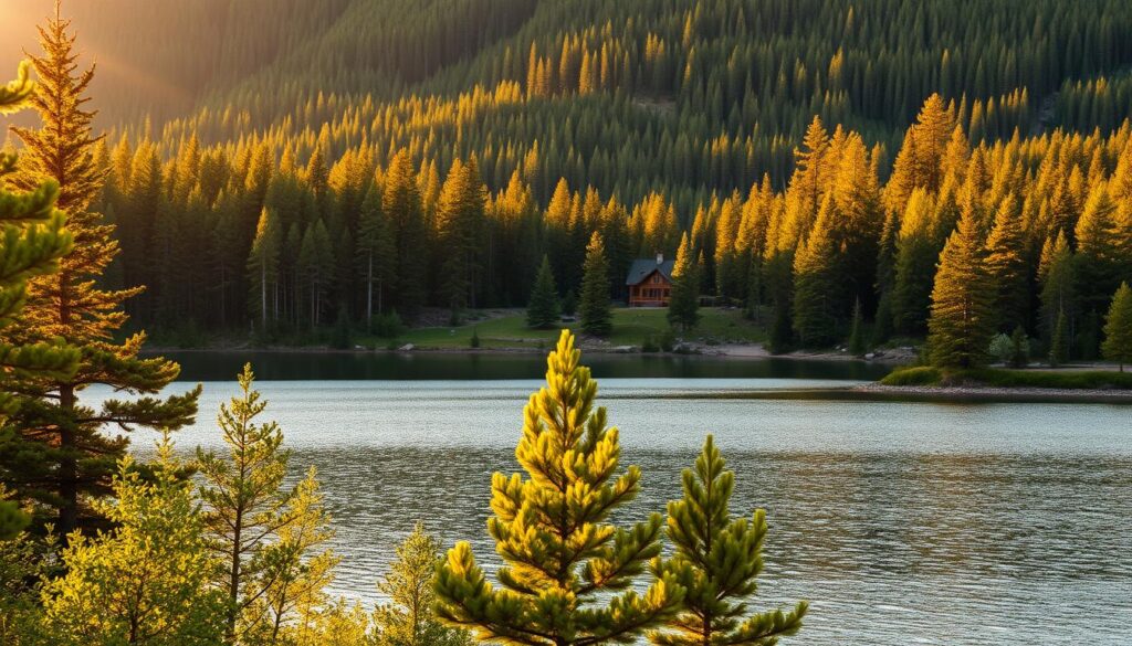 A serene landscape of Northern Michigan's rugged natural beauty, bathed in warm golden light. A lush, verdant forest frames a tranquil lake, its still waters reflecting the surrounding pine-cloaked hills. In the distance, a picturesque cabin nestled amidst towering pines, its rustic charm evoking a sense of cozy seclusion. The scene is captured through a wide-angle lens, emphasizing the expansive vista and the harmony between the built and natural environments. The overall mood is one of peaceful solitude, inviting the viewer to imagine escaping to this idyllic northern hideaway.