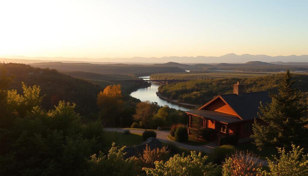 A serene landscape of Traverse City, Michigan, nestled amidst rolling hills and lush foliage. In the foreground, a cozy log cabin with a wraparound porch and a stone chimney, bathed in the warm glow of the setting sun. The middle ground features a winding river cutting through the verdant landscape, with a covered bridge spanning its tranquil waters. In the distance, the silhouettes of majestic mountains frame the scene, their peaks dusted with a soft, ethereal haze. The lighting is soft and natural, creating a romantic, almost dreamlike atmosphere. A wide-angle lens captures the expansive vista, inviting the viewer to step into this idyllic Northern Michigan retreat.