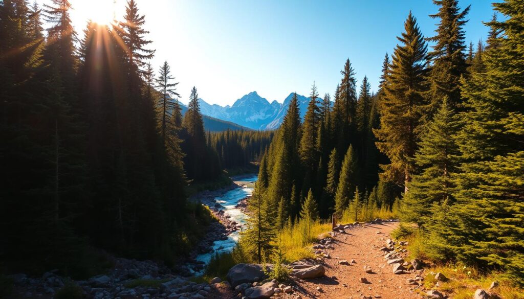 A serene landscape of a lush, evergreen national forest, bathed in warm, golden sunlight filtering through the canopy of tall, majestic trees. In the foreground, a winding, rocky trail leads deeper into the verdant wilderness, inviting exploration. The middle ground features a tranquil stream or river, its crystal-clear waters reflecting the surrounding foliage. In the distance, rugged, snow-capped mountains rise, their peaks piercing the azure sky. The scene exudes a sense of peaceful solitude, with a touch of adventure and the promise of natural wonders to discover.