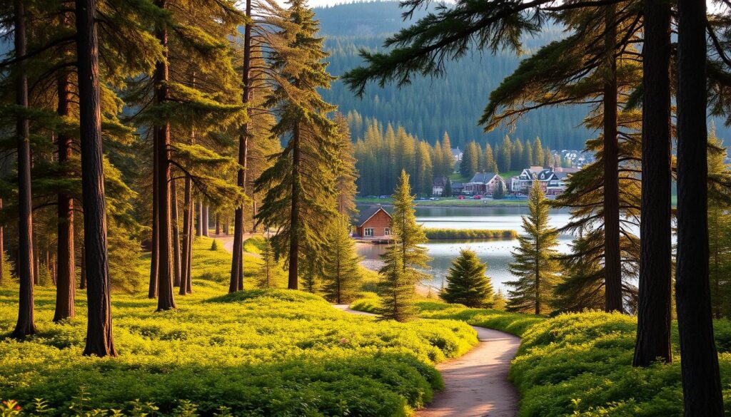 A serene landscape of a state park, featuring a picturesque forest with towering evergreen trees. In the foreground, a well-maintained hiking trail winds through the verdant undergrowth, inviting visitors to explore the natural beauty. Beyond, a tranquil lake reflects the surrounding scenery, its calm waters dotted with waterfowl. In the distance, a rustic cabin nestled among the trees stands as a tempting destination, while a quaint town with charming local shops and restaurants can be glimpsed in the background, suggesting a wealth of nearby attractions to discover. Warm, golden lighting filters through the canopy, creating a cozy and inviting atmosphere.
