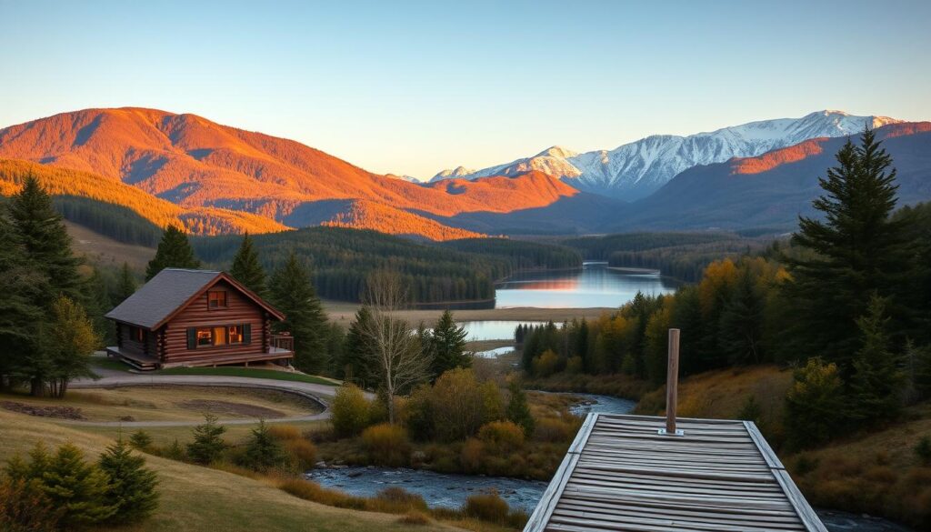 A serene landscape of rolling hills, lush forests, and winding streams in the heart of upstate New York. In the foreground, a cozy log cabin nestled among the trees, its warm light spilling out from the windows. A wooden dock stretches out over a tranquil lake, reflecting the golden hues of the setting sun. The background is dominated by a majestic mountain range, their peaks capped with a dusting of snow. The scene is bathed in a soft, diffused light, creating a sense of tranquility and natural beauty. The composition draws the viewer's eye inward, inviting them to imagine themselves escaping the stresses of daily life and finding solace in this peaceful retreat.