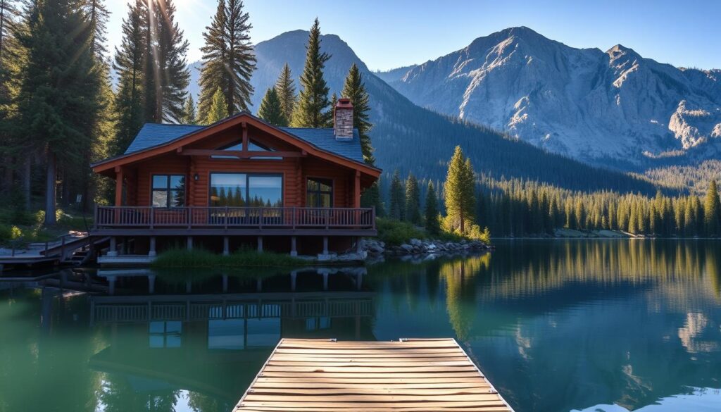 A serene log cabin nestled amidst the towering Sawtooth Mountains, its rustic exterior complemented by a wraparound porch offering sweeping vistas of the pristine Redfish Lake. Sunlight filters through the lush pine forest, casting a warm glow on the tranquil waters below. In the foreground, a wooden dock extends into the lake, inviting visitors to cast a line or simply soak in the breathtaking scenery. The cabin's large windows frame the majestic peaks and reflected in the still surface, creating a picturesque scene of alpine tranquility. This is the quintessential Idaho getaway, where families can escape the bustle of daily life and immerse themselves in the natural beauty of the Sawtooth Wilderness.