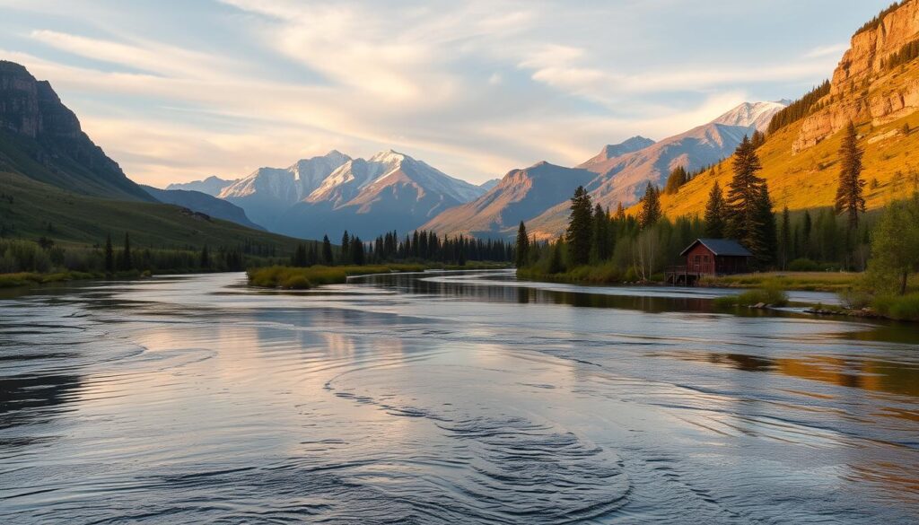 A serene, meandering Snake River flowing through a lush, verdant landscape. In the foreground, the river's calm waters reflect the surrounding cliffs and trees, creating a tranquil mirror-like surface. The middle ground features gently rolling hills and a scattering of tall, stately pine trees. In the background, majestic mountain peaks rise up, their snow-capped summits touching the soft, wispy clouds. The scene is bathed in a warm, golden light, casting a cozy, inviting atmosphere. A lone cabin nestled among the trees on the riverbank completes the idyllic, picturesque setting, beckoning the viewer to come and experience the peaceful solitude of this Snake River retreat.
