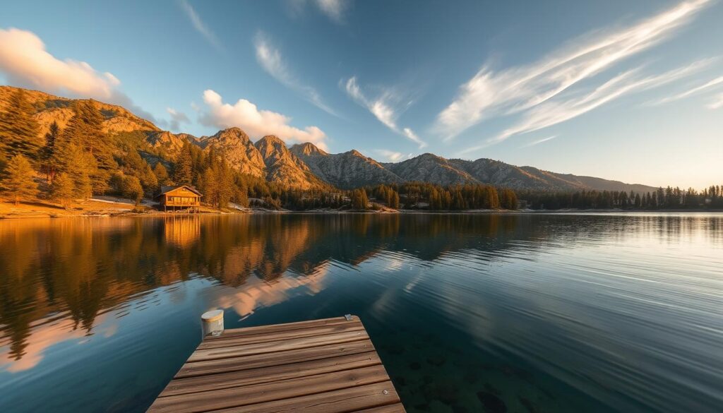 A serene mountain lake nestled amidst towering pines, with a cozy cabin nestled on the shore. The crystal-clear waters of Running Springs Lake Arrowhead reflect the rugged peaks of the San Bernardino Mountains, bathed in the warm glow of the setting sun. In the foreground, a wooden dock juts out into the still waters, inviting visitors to sit and soak in the tranquil atmosphere. Wispy clouds drift overhead, casting soft shadows across the scene. The cabin's warm lights beckon, promising a cozy respite from the day's adventures. This idyllic mountain retreat captures the essence of Southern California's alpine splendor.