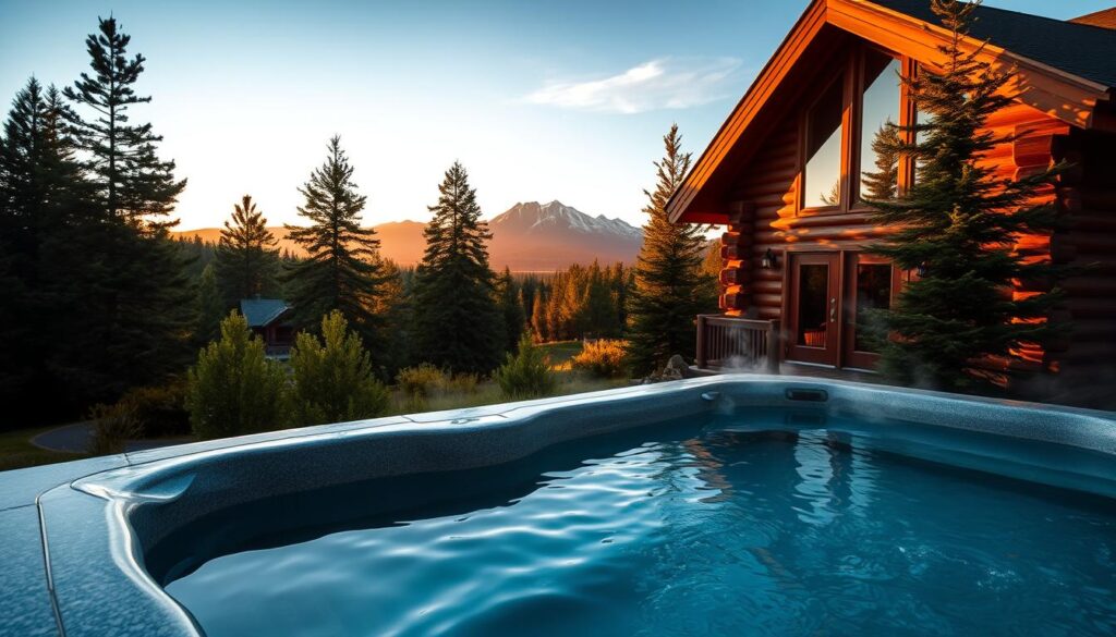 A serene mountain vista bathed in golden afternoon light, with a luxurious log cabin nestled amidst towering pines. In the foreground, a tranquil outdoor spa pool reflects the stunning big sky above, steam gently rising. In the middle ground, a path winds through lush, verdant foliage, leading to the cabin's rustic-chic entryway. The background features dramatic, snow-capped peaks piercing the horizon, evoking a sense of majestic isolation. Soft, diffused lighting casts a warm, romantic glow over the entire scene, creating an atmosphere of relaxation and indulgence.