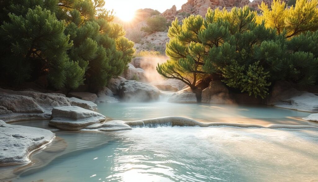 A serene, natural hot spring nestled in a rugged, high desert landscape. In the foreground, steaming mineral-rich waters flow gently into a tranquil pool, surrounded by smooth, sculpted rocks. Lush, verdant foliage frames the scene, creating a sense of seclusion and privacy. Warm, diffused sunlight filters through the canopy of trees, casting a soft, golden glow over the entire composition. The overall atmosphere is one of relaxation, rejuvenation, and a deep connection with the natural world. A perfect escape from the stresses of everyday life. A serene, natural hot spring nestled in a rugged, high desert landscape. In the foreground, steaming mineral-rich waters flow gently into a tranquil pool, surrounded by smooth, sculpted rocks. Lush, verdant foliage frames the scene, creating a sense of seclusion and privacy. Warm, diffused sunlight filters through the canopy of trees, casting a soft, golden glow over the entire composition. The overall atmosphere is one of relaxation, rejuvenation, and a deep connection with the natural world. A perfect escape from the stresses of everyday life.