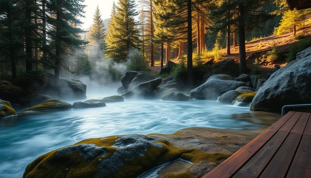 A serene, natural hot spring nestled in the lush, forested mountains of Idaho. The steaming, crystal-clear waters are surrounded by smooth, moss-covered rocks and towering pines. Warm, soft light filters through the canopy, casting a peaceful, golden glow over the scene. A wooden deck or platform offers a prime vantage point, inviting visitors to soak and take in the tranquil, picturesque landscape. The ambient sounds of gently flowing water and wildlife create a soothing, rejuvenating atmosphere, perfect for a unique, off-the-grid cabin getaway.