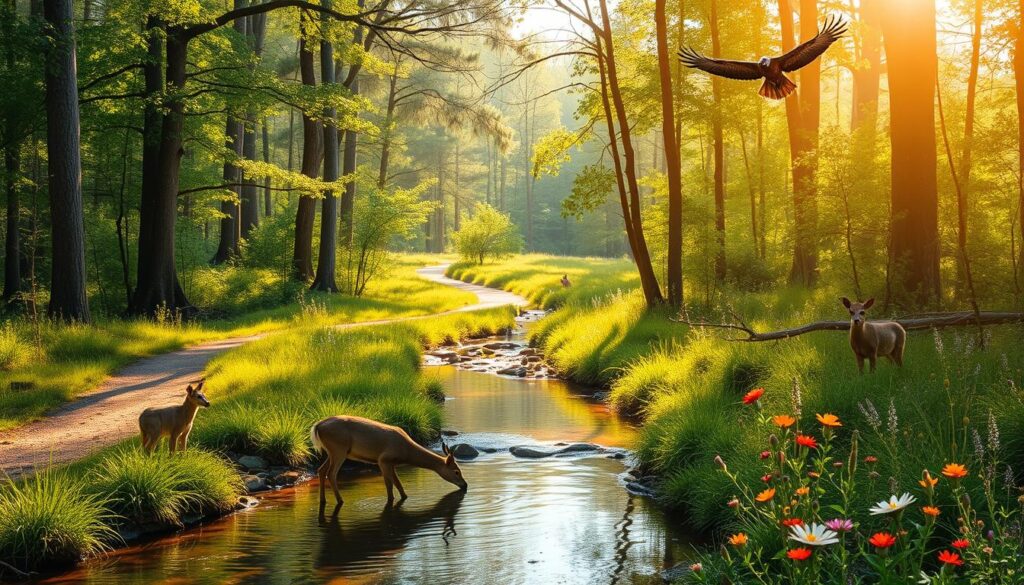 A serene nature trail winds through a lush, verdant forest. Sunlight filters through the canopy of towering trees, casting a warm, golden glow across the scene. In the foreground, a pair of curious deer pause to drink from a tranquil stream, their reflections rippling in the crystal-clear water. Vibrant wildflowers dot the forest floor, adding pops of color to the tranquil landscape. Further back, a family of playful squirrels scampers along the branches, while a majestic hawk soars overhead, surveying the peaceful scene below. The overall atmosphere is one of calm, natural beauty, inviting the viewer to immerse themselves in the beauty of the great outdoors.