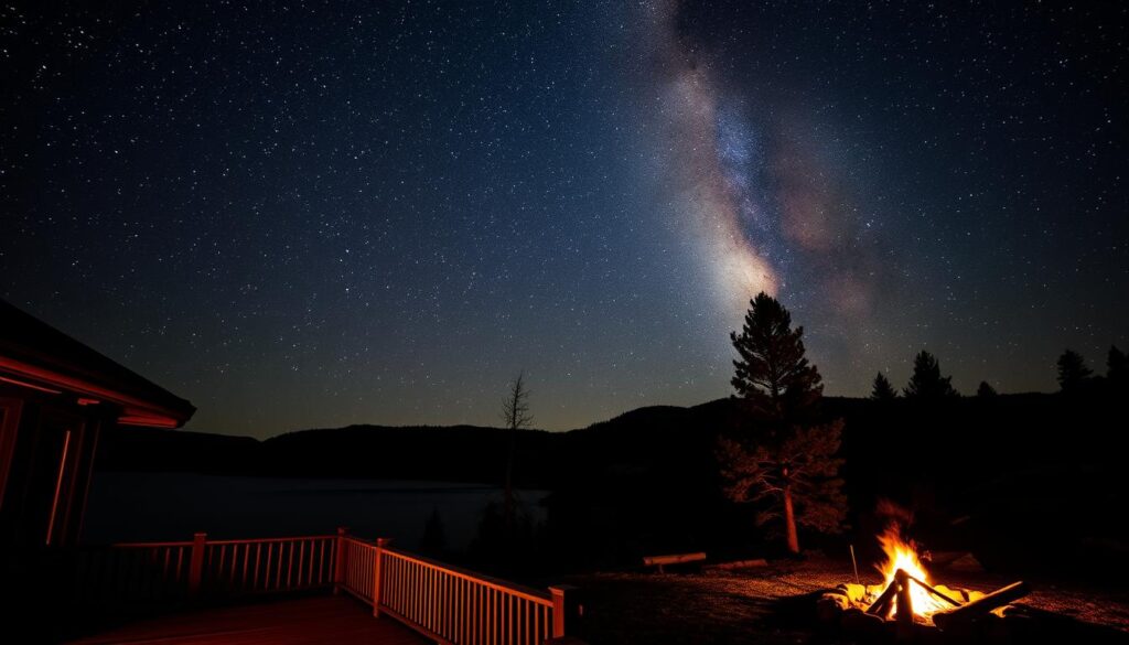 A serene night sky over a remote Utah cabin, stars twinkling brightly against the inky blackness. In the foreground, a large deck with wooden railings overlooking a tranquil lake. Soft ambient lighting from the cabin's windows casts a warm glow, while a roaring campfire crackles nearby. In the middle ground, the silhouetted shapes of pine trees dot the landscape, their branches reaching up towards the celestial display. The Milky Way arches majestically overhead, its luminous bands of stardust illuminating the scene with an otherworldly radiance. A sense of wonder and solitude pervades the atmosphere, inviting the viewer to pause, gaze upwards, and lose themselves in the magic of the dark-sky night.