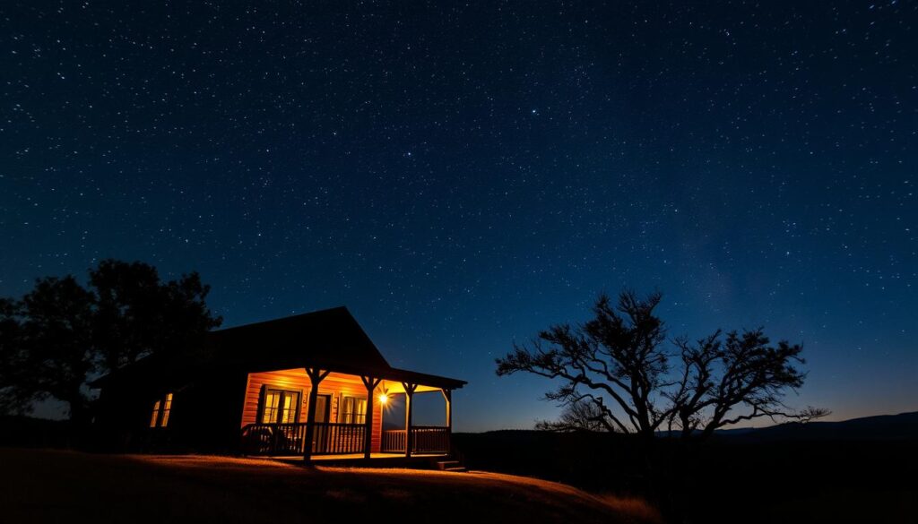 A serene nightscape over a tranquil Texas hill country landscape. The evening sky is filled with a dazzling display of stars, their soft glow illuminating the silhouette of a secluded cabin nestled amongst the rolling hills. The cabin's porch is bathed in a warm, cozy light, inviting the viewer to step outside and take in the breathtaking celestial panorama. A gentle breeze rustles the nearby trees, creating a sense of peaceful solitude. The image is captured with a wide-angle lens, providing a sweeping, cinematic view that transports the viewer to this idyllic, spiritual retreat.