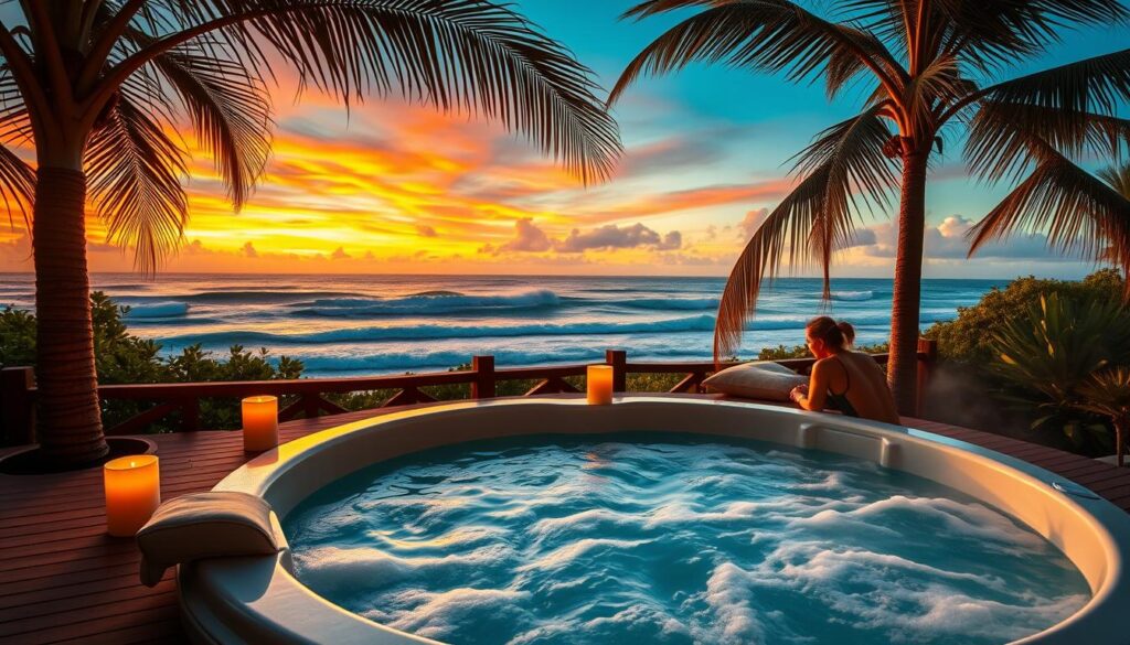 A serene oceanfront hot tub nestled amidst lush greenery, with a stunning vista of crashing waves and a vibrant sunset sky. The wooden deck is bathed in warm, golden light, creating a cozy and romantic ambiance. Plush cushions and candles adorn the hot tub, inviting guests to sink into the steaming water and gaze up at the twinkling stars. Tall, swaying palm trees frame the scene, adding a touch of tropical elegance. The overall composition evokes a sense of tranquility and escape, perfect for a couple's romantic getaway.