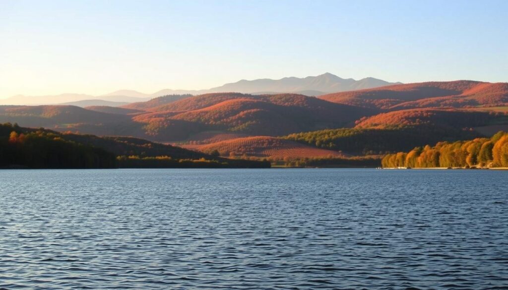 A serene panorama of the rolling Finger Lakes region in upstate New York. In the foreground, a tranquil lake reflects the lush, verdant shoreline. Gentle ripples dance across the surface, glimmering under the warm, golden light of the setting sun. In the middle ground, wooded hills and vineyards rise up, their autumnal hues painting the landscape in vibrant shades of red, orange, and yellow. The distant background is crowned by the majestic silhouettes of the Appalachian mountains, their rugged peaks fading into the hazy, ethereal horizon. The scene exudes a sense of peaceful seclusion, inviting the viewer to immerse themselves in the natural beauty and serenity of this picturesque, romantic hideaway.