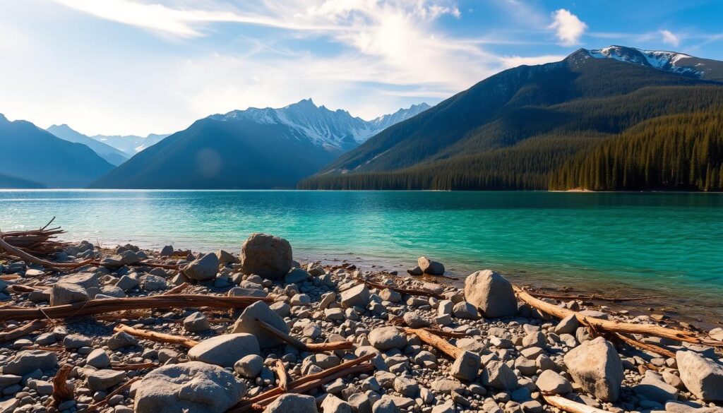 A serene, panoramic view of Lake Pend Oreille, surrounded by the majestic peaks of the Bitterroot Mountains. In the foreground, a pristine, rocky shoreline with scattered boulders and driftwood. The crystal-clear, turquoise waters of the lake reflect the towering evergreen forests and snow-capped summits in the middle ground. Warm, golden sunlight filters through wispy clouds, casting a soft, ambient glow over the scene. The atmosphere is one of tranquility and natural wonder, inviting the viewer to explore the rugged, untamed beauty of the Idaho wilderness.