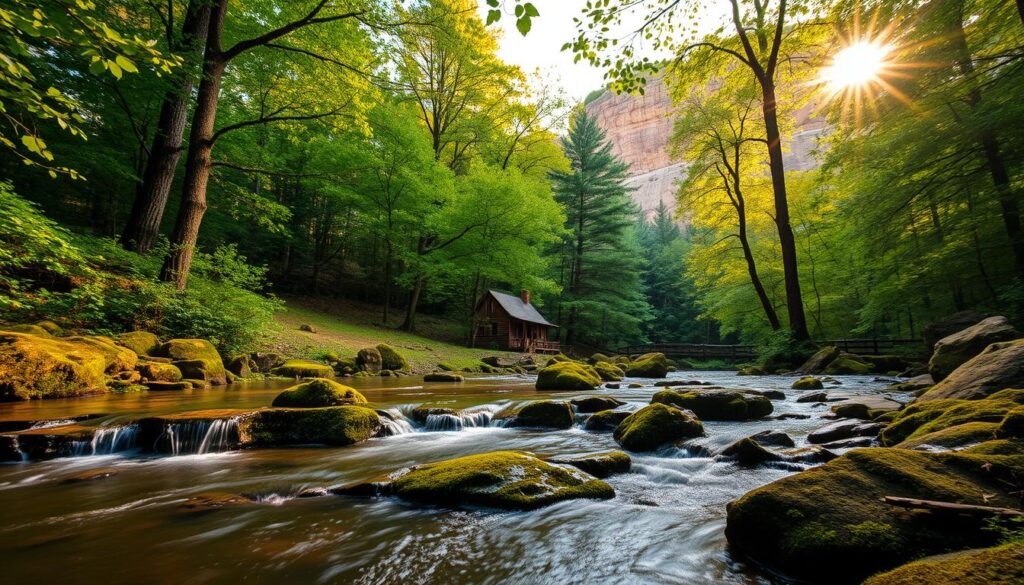 A serene, picturesque landscape of Hocking Hills in Ohio's lush, forested terrain. In the foreground, a meandering stream cascades over moss-covered rocks, its glistening waters reflecting the verdant canopy above. The middle ground features a hidden, rustic cabin nestled amidst towering trees, its weathered wooden exterior blending seamlessly with the natural surroundings. In the distance, a dramatic cliff face rises, its layers of sandstone carved by the elements over time, creating a breathtaking backdrop. Warm, golden sunlight filters through the leaves, casting a romantic, dreamy atmosphere across the scene. A wide-angle lens captures the tranquil, idyllic setting, inviting the viewer to immerse themselves in the beauty of this hidden Ohio oasis.