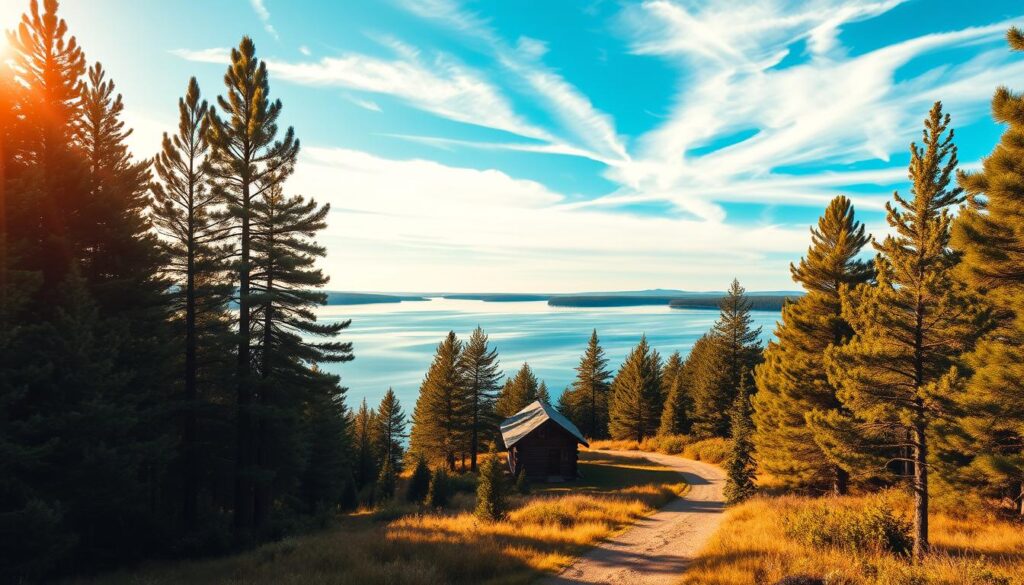 A serene pine forest overlooks a tranquil lake, its glassy surface reflecting the towering evergreens. Warm, golden sunlight filters through the canopy, casting a cozy glow on the scene. In the foreground, a well-tended path winds through the undergrowth, inviting visitors to explore the natural wonder. Nestled in the middle ground, a charming log cabin stands, its rustic design in harmony with the surrounding landscape. Wispy clouds drift across a vibrant blue sky, creating a sense of peaceful solitude. The overall atmosphere exudes an intimate, rejuvenating ambiance, perfect for a romantic retreat in the heart of South Dakota's picturesque hills and lakes.