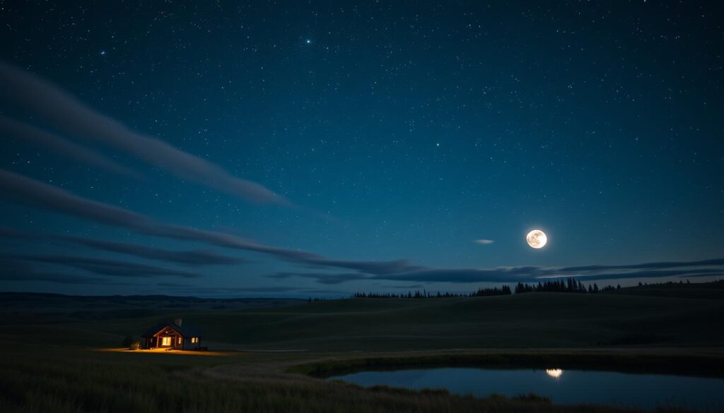 A serene prairie landscape, bathed in the soft glow of a starry night sky. In the foreground, a rustic log cabin nestled among rolling hills, its warm lights beckoning. Wispy clouds drift lazily above, framing the vast celestial expanse. Millions of twinkling stars dance across the inky blackness, reflected in a tranquil pond. The air is crisp and still, infusing the scene with a sense of peaceful solitude. A supermoon casts a silvery shimmer across the horizon, illuminating the silhouettes of distant trees. This idyllic, romantic getaway invites visitors to bask in the beauty of nature and the wonder of the cosmos.