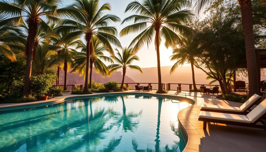 A serene, resort-style pool nestled amongst lush, verdant foliage. The tranquil, crystalline waters reflect the warm, golden sunlight filtering through the canopy of towering palm trees. Comfortable lounge chairs line the pool's edge, inviting guests to recline and bask in the peaceful ambiance. In the distance, a wooden deck with a panoramic view of the surrounding canyon landscape creates a seamless indoor-outdoor experience. The overall scene evokes a sense of relaxation and rejuvenation, perfectly complementing the luxurious cabins with water views.