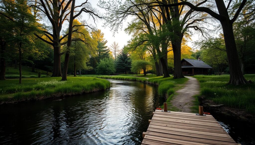 A serene river winding through a lush, verdant landscape, its gentle currents reflecting the warm glow of the setting sun. In the foreground, a wooden dock extends into the water, inviting visitors to take in the tranquil scene. Towering trees line the riverbanks, their branches casting soft, dappled shadows across the path leading to a cozy, nature-forward cabin nestled in the distance. The air is crisp and clean, with the faint scent of wildflowers carried on a gentle breeze. The overall atmosphere is one of quiet contemplation and a deep connection with the natural world.