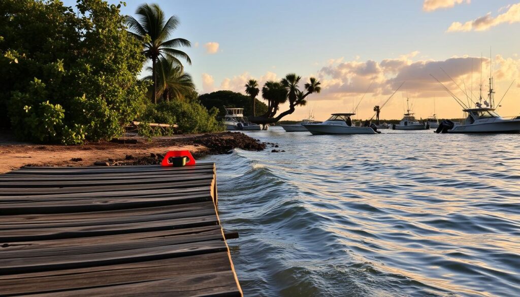 A serene shoreline along the King Ranch in Texas, the warm glow of the setting sun casting a golden hue across the gently lapping waves. In the foreground, a weathered wooden dock extends into the calm, glassy waters, inviting anglers to cast their lines and reel in the day's catch. The middle ground reveals lush green foliage and towering palm trees, swaying softly in the coastal breeze. In the distance, the horizon is dotted with the silhouettes of fishing boats, their masts reaching towards the vibrant sky. The overall scene evokes a sense of tranquility and the promise of a bountiful day on the water.