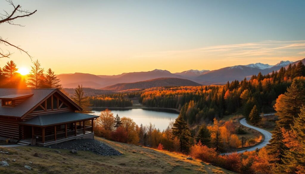A serene state park nestled in the heart of the New England wilderness, bathed in the warm glow of a golden hour sunset. In the foreground, a cozy log cabin with a wraparound porch overlooking a tranquil lake, its waters mirroring the vibrant hues of the autumn foliage that surrounds it. In the middle ground, a meandering hiking trail winds through a dense forest, inviting explorers to discover hidden waterfalls and scenic vistas. In the background, majestic mountains rise up, their peaks capped with a dusting of fresh snow, creating a breathtaking panoramic view. The atmosphere is one of quiet contemplation and intimate connection with nature, perfect for a romantic retreat.