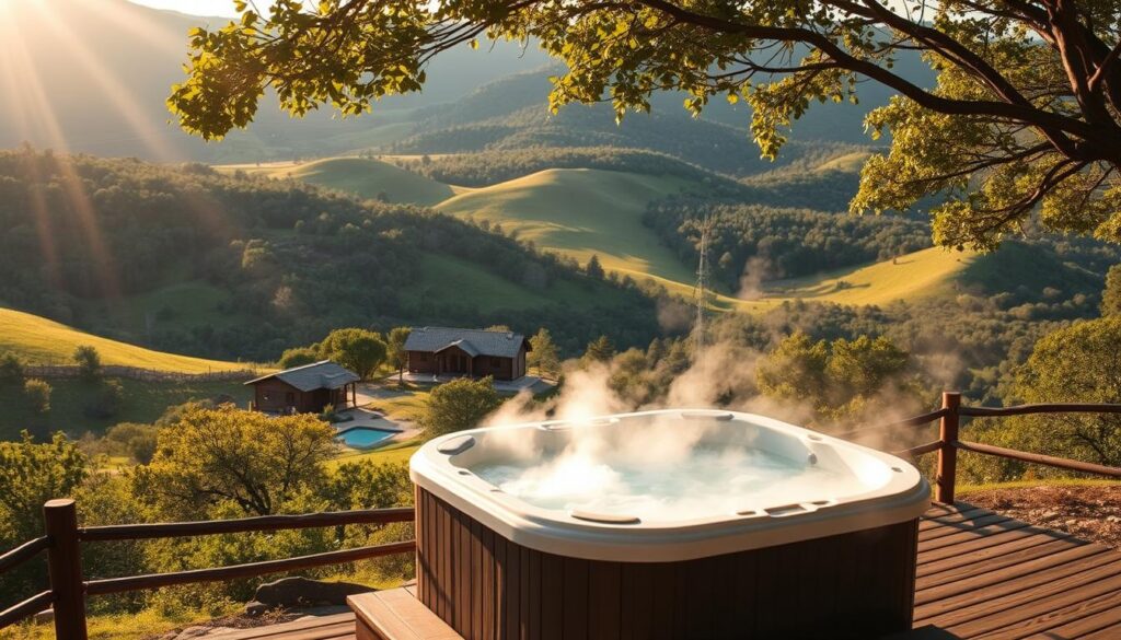 A serene, sun-dappled hillside overlooking a steaming hot tub, nestled amidst the rolling, verdant hills of the Texas Hill Country. The tub sits on a wooden deck, its soothing waters beckoning weary travelers. In the middle distance, weathered wooden cabins peek through the lush foliage, their rustic charm a perfect complement to the tranquil scene. The background is dominated by undulating hills, their slopes clothed in a patchwork of verdant meadows and dense, shadowy forests. Warm, golden light filters through the canopy, casting a soft, romantic glow over the entire tableau. An atmosphere of effortless luxury and peaceful seclusion pervades the landscape.