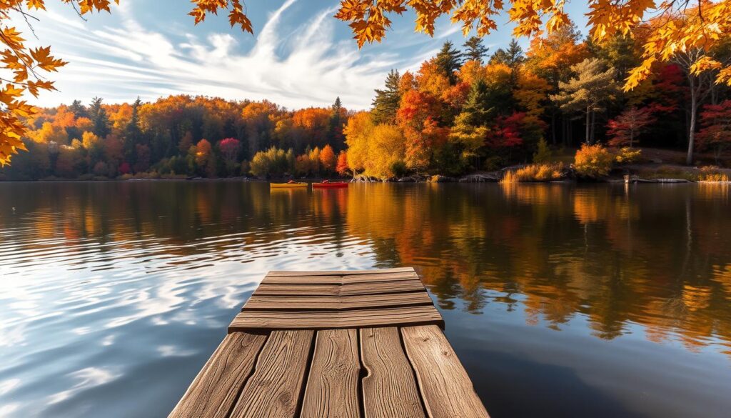 A serene, sun-dappled lakeside scene during the peak of autumn. In the foreground, a wooden dock extends into the still, mirror-like waters, its weathered planks framed by golden-hued foliage. In the middle ground, a pair of kayaks drift lazily, their vibrant colors reflected in the glassy surface. Beyond, the densely forested shoreline bursts with the vibrant reds, oranges, and yellows of the changing leaves, creating a lush, autumnal tapestry. Overhead, a warm, soft light filters through wispy, cirrus clouds, casting a golden glow over the entire tableau. The atmosphere is one of tranquility and natural beauty, inviting the viewer to pause and immerse themselves in the seasonal splendor of this Michigan lakeside retreat.