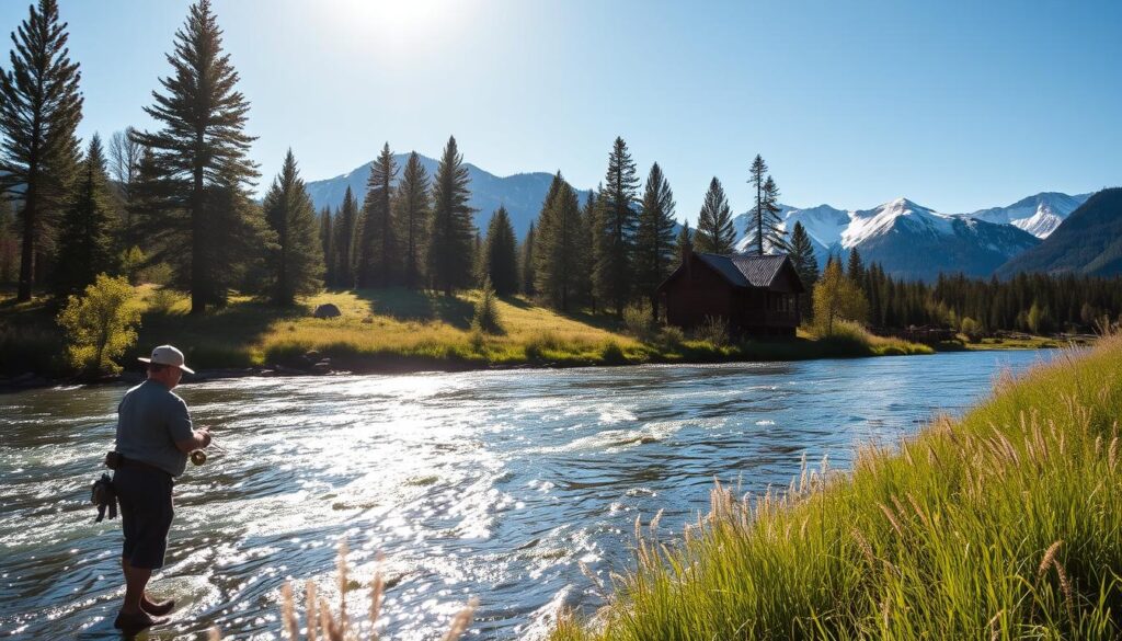 A serene, sun-dappled scene along the Gallatin River near Bozeman, Montana. In the foreground, a fisherman casts his line into the gently flowing, crystal-clear waters, his figure silhouetted against the lush, verdant riverbanks. The middle ground reveals a picturesque wooden cabin nestled amidst towering pines, its rustic charm complementing the natural surroundings. In the background, the majestic, snow-capped peaks of the Bridger Mountains rise, creating a breathtaking backdrop for this tranquil, nature-immersed setting. The warm, golden hues of the afternoon sun bathe the entire scene, evoking a sense of peaceful solitude and the perfect balance between adventure and relaxation.