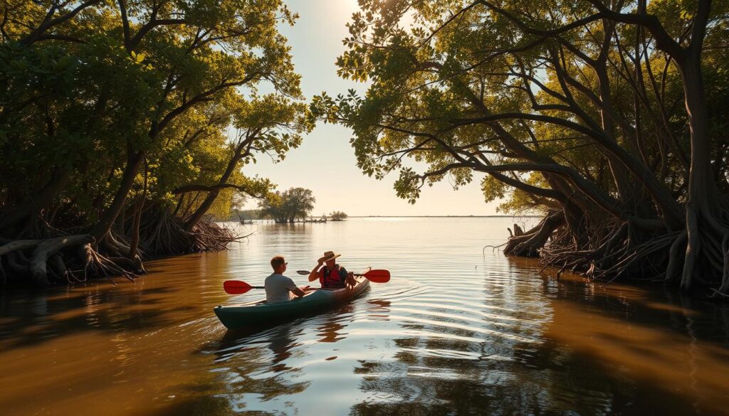 A serene, sun-dappled scene of mangrove-lined waterways in the Florida Everglades. In the foreground, a sleek kayak glides effortlessly through the calm, tannin-stained waters, its occupants silently paddling with expert strokes. Towering, twisted mangrove roots reach up from the shoreline, their branches dripping with lush, verdant foliage. In the middle ground, a maze of narrow channels and hidden coves beckons further exploration, while in the distance, the horizon blends the sky and water into a seamless, hazy blue. Warm, golden light filters through the canopy, casting a soft, dreamy glow over the entire scene. A sense of tranquility and primal wilderness pervades, inviting the viewer to immerse themselves in this untamed, natural paradise.