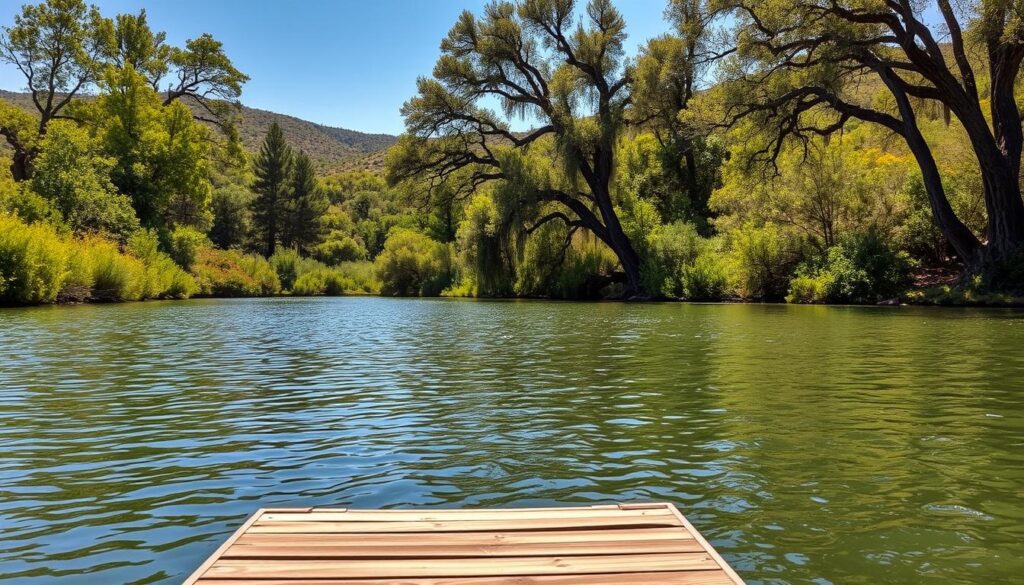 A serene, sun-dappled scene of the Frio River in Uvalde, Texas. In the foreground, a wooden dock or pier extends into the calm, crystal-clear waters, inviting visitors to dip their toes or cast a line. The middle ground features lush, verdant foliage lining the riverbank, with towering cypress trees and wildflowers adding pops of color. In the background, gentle rolling hills covered in native Texas flora create a peaceful, tranquil atmosphere. Warm, golden sunlight filters through the trees, casting a soft glow over the entire setting. The overall mood is one of quiet contemplation and a connection to the natural world.