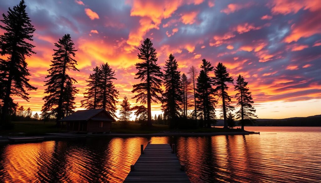 A serene waterfront scene at dusk, with a picturesque wooden cabin nestled along the shores of a tranquil lake. The cabin is bathed in warm, golden light, its reflection shimmering on the still waters. In the background, a dramatic sky ablaze with vibrant hues of orange, pink, and purple, creating an awe-inspiring sunset. Towering pine trees line the shoreline, their silhouettes casting long shadows across the landscape. A small wooden dock extends into the lake, inviting visitors to bask in the peaceful solitude. The overall atmosphere is one of quiet contemplation and natural beauty, perfectly capturing the essence of a romantic getaway in Upstate New York.