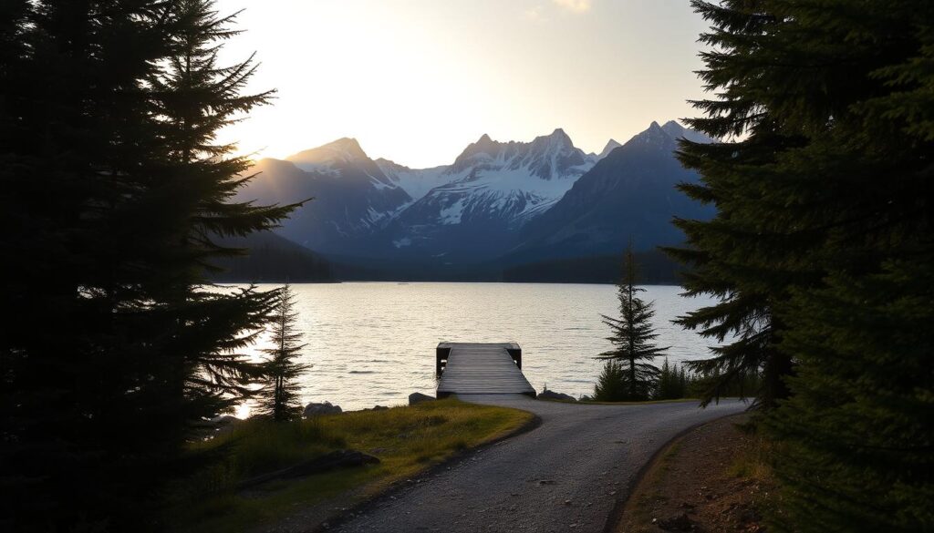 A serene, winding trail leading to the shimmering waters of Eklutna Lake, surrounded by rugged, snow-capped peaks. In the foreground, lush evergreen trees frame the picturesque scene, casting dappled shadows on the path. The middle ground features a small wooden dock, its weathered planks reflecting the lake's tranquil surface. In the distance, the majestic mountains rise, their jagged silhouettes contrasted against a soft, golden sky bathed in the warm glow of the setting sun. The overall atmosphere is one of peaceful isolation, inviting the viewer to immerse themselves in the untamed beauty of the Alaskan wilderness. A serene, winding trail leading to the shimmering waters of Eklutna Lake, surrounded by rugged, snow-capped peaks. In the foreground, lush evergreen trees frame the picturesque scene, casting dappled shadows on the path. The middle ground features a small wooden dock, its weathered planks reflecting the lake's tranquil surface. In the distance, the majestic mountains rise, their jagged silhouettes contrasted against a soft, golden sky bathed in the warm glow of the setting sun. The overall atmosphere is one of peaceful isolation, inviting the viewer to immerse themselves in the untamed beauty of the Alaskan wilderness.